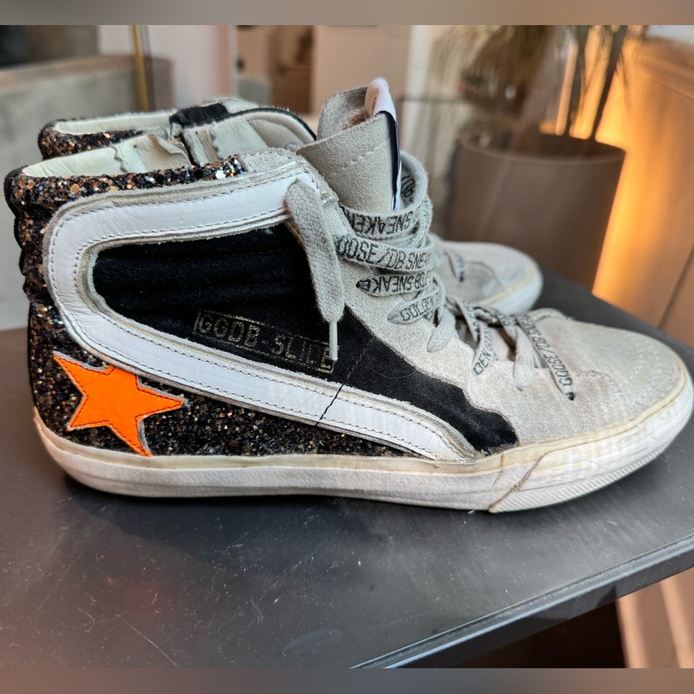 Golden Goose Slides Black Glitter Neon Orange Star IT 36 US 6
